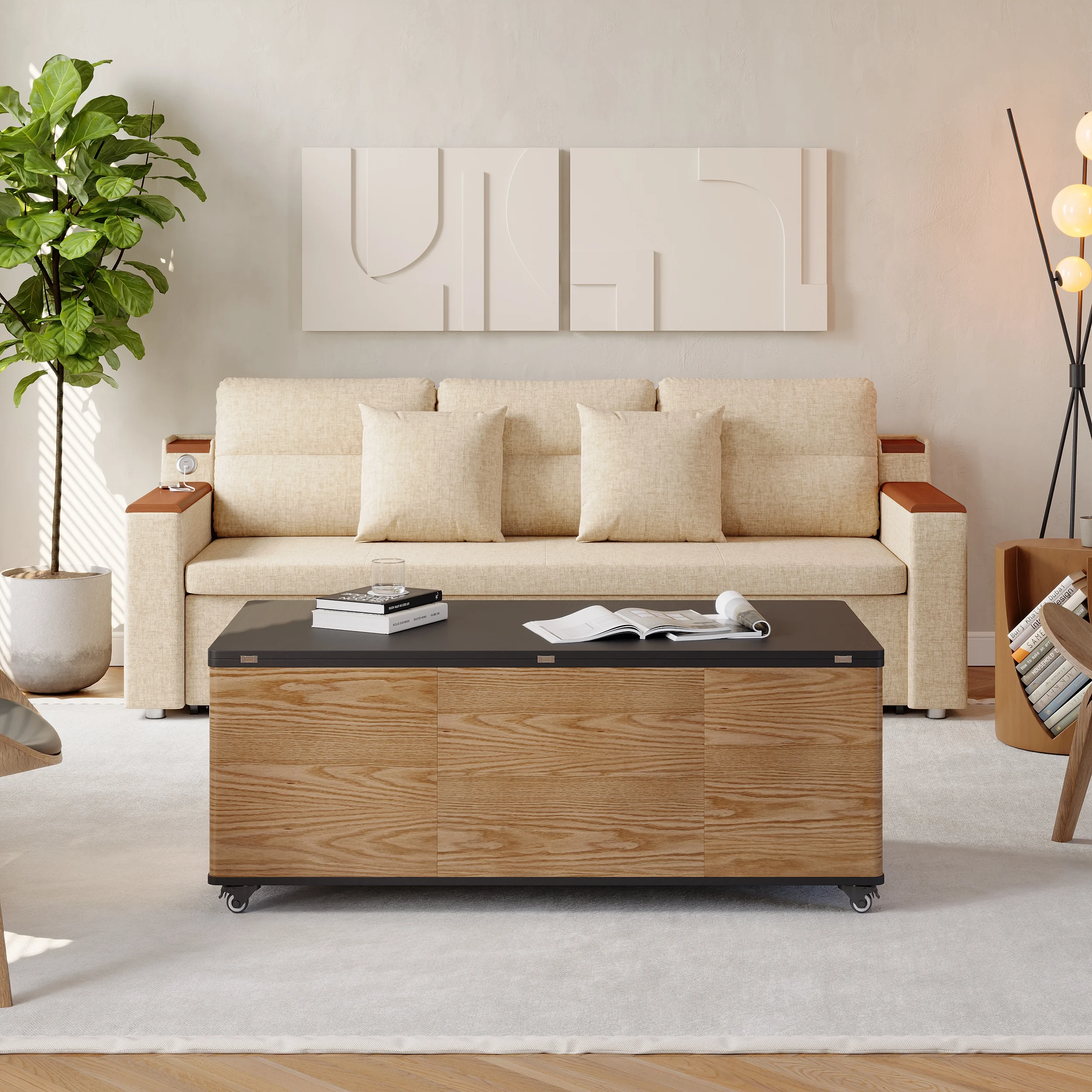 Table basse relevable extensible table multifonctionnelle avec 3 tiroirs noyer et noir